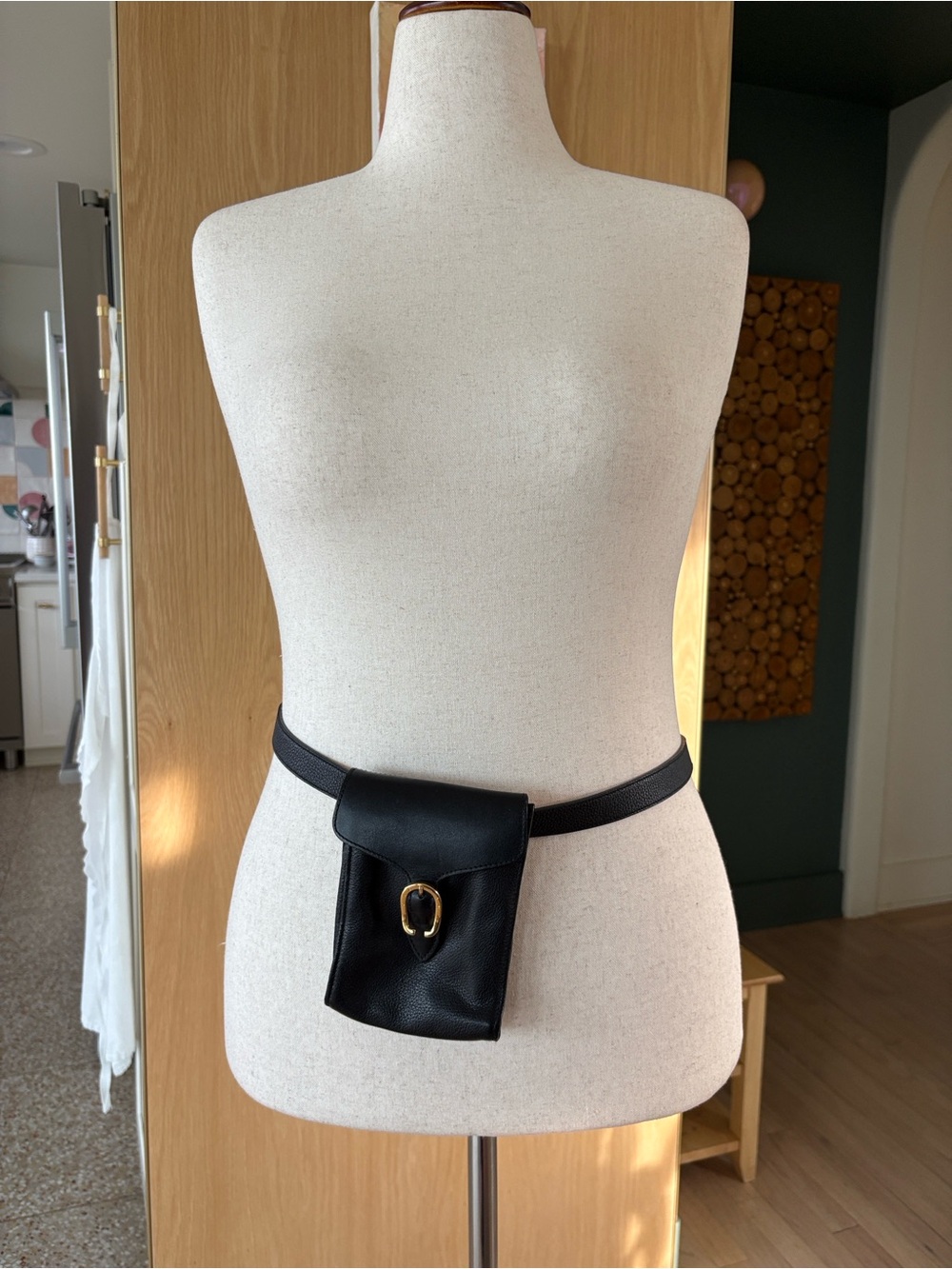 Longchamp Black Leather Crossbody Belt Bag with Gold Buckle